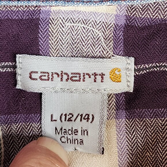 Carharrt Plaid Roll Tab Sleeve Button Up Shirt Womens Large 12-14 Purple - Picture 6 of 8
